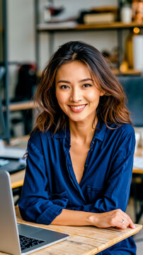 A smiling woman in a blue shirt sitting at a wooden desk with a laptop