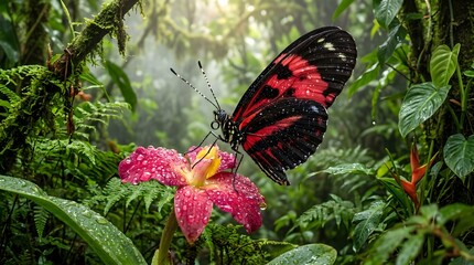 Naklejka premium Stunning red and black butterfly resting on a wet pink orchid in a lush misty rainforest