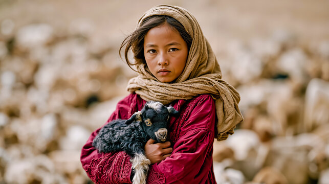 A young girl in a red dress holds a black and white goat