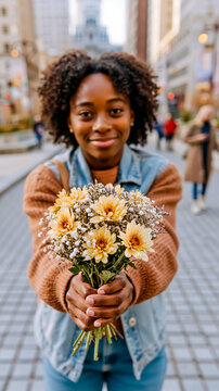 A woman with curly hair is smiling and holding a bouquet of yellow flowers