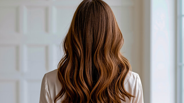 A portrait of a woman with long wavy brown hair looking away from the camera
