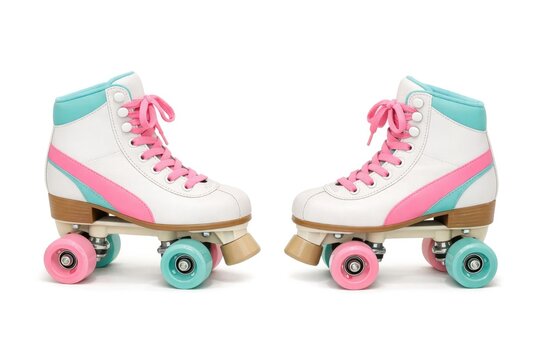 A pair of vintage-style roller skates with bright pink and blue wheels, perfect for nostalgic or retro-themed designs