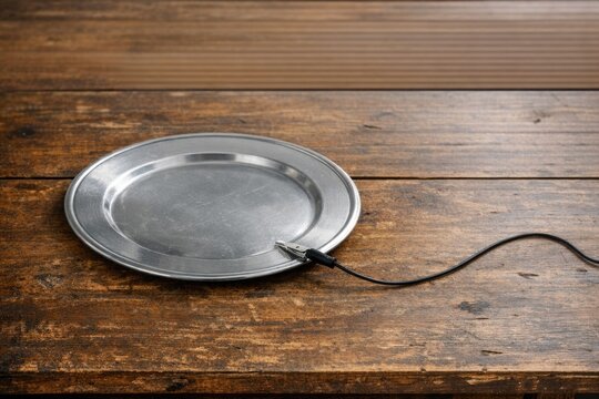 A metal plate with a cord plugged in, suitable for use in various settings