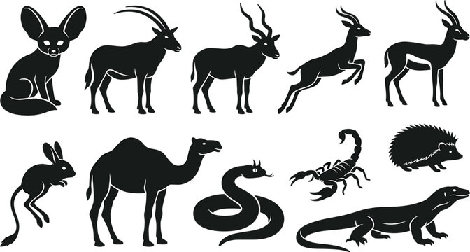 Desert Wildlife Silhouette Vector Set with Fennec Fox, Camel, Antelope, Scorpion, and Snake Icons for Nature and Creative Graphic Designs