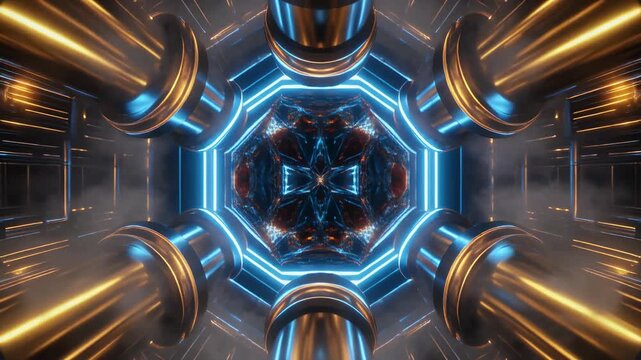 Quantum Computer Core with Golden Tubes and Freezing Nitrogen Mist, Pulsing Tech Loop