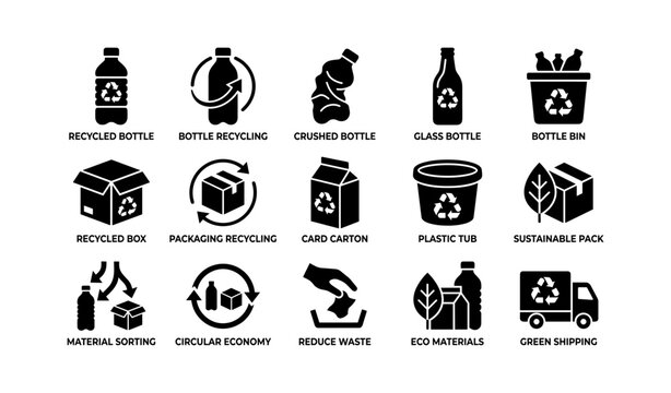 Bottle and packaging recycling icons arranged on white background