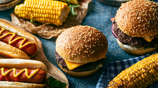Fourth of July barbecue food flat lay with burgers, hot dogs, and corn