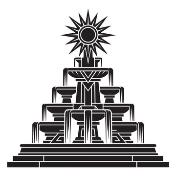 Symmetrical Decorative Tiered Fountain Icon with Solar Symbol Graphic Illustration
