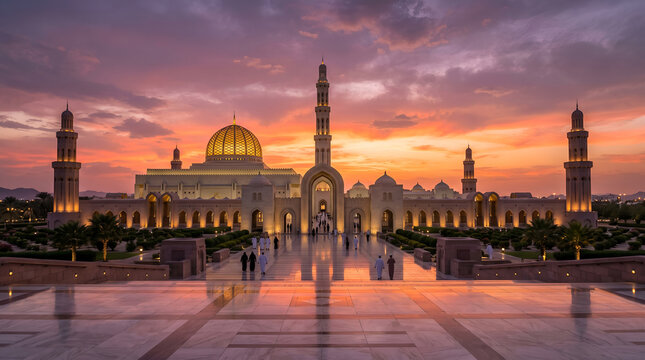 Sultan Qaboos Grand Mosque is the main mosque in the Sultanate of Oman, Beautiful evening Sunset view.