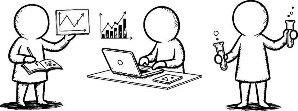 Cartoon characters working with technology and science tools.