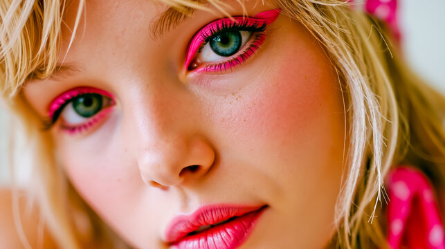 Close-up of a woman with pink eye makeup and pink lipstick