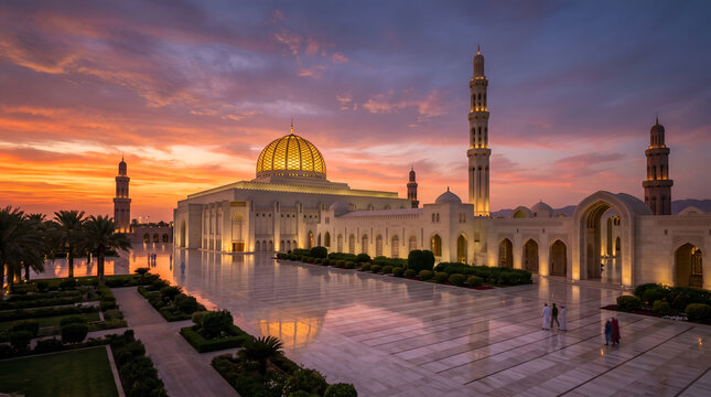 Sultan Qaboos Grand Mosque is the main mosque in the Sultanate of Oman, Beautiful evening Sunset view.