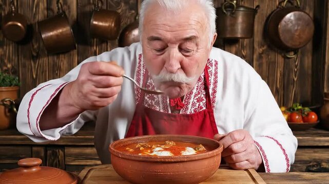 Hungarian chef prepares goulash with sour cream and paprika in kitchen setting