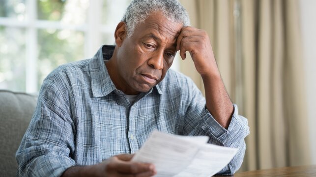 Senior African American man with dark skin in a blue plaid shirt looks worried while reading a paper document at home. He rests his hand on his head.