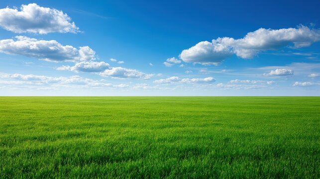 Stunning photo of vast green field under blue sky with clouds. Nature and outdoor landscape. The scene of open grassland and clear weather.