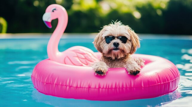 A small brown dog relaxes on a pink flamingo float in a swimming pool. The dog wears sunglasses and enjoys a sunny day.