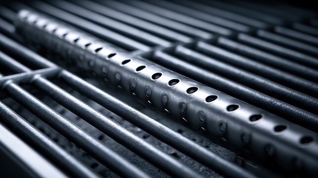 Stunning photo of propane BBQ Grill Gas Burner Tube. Barbecue grilling maintenance, cleaning, and safety concept.