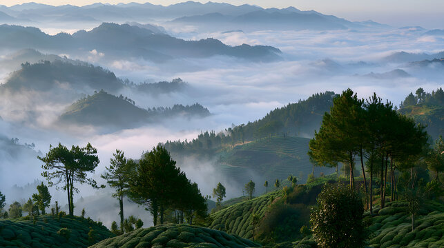 Misty morning landscape with terraced tea fields, pine forests, and mountain ranges shrouded in a sea of clouds