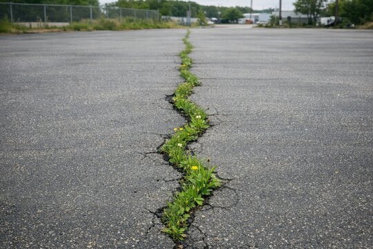 A worn-out road with a resilient plant emerging from a crack, symbolizing life's ability to thrive in adversity