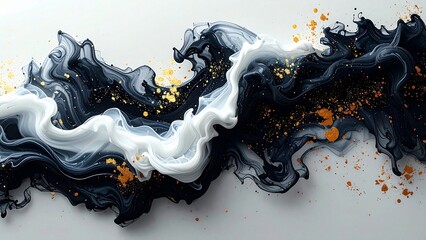 Obraz premium Abstract Suminagashi fluid ink art background, luxurious smoky translucent black and white liquid waves with metallic gold flakes, serene minimal Zen design, copy space
