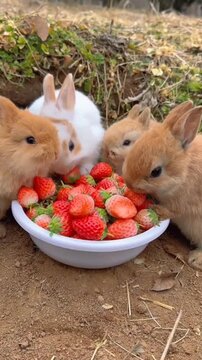 Group of cute baby bunnies eating fresh strawberries from a bowl.