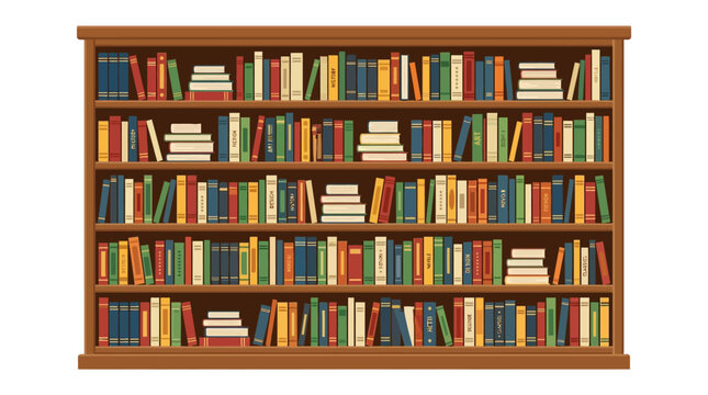 Colorful bookcase, wooden bookshelf, multicolored books, library furniture, vector illustration