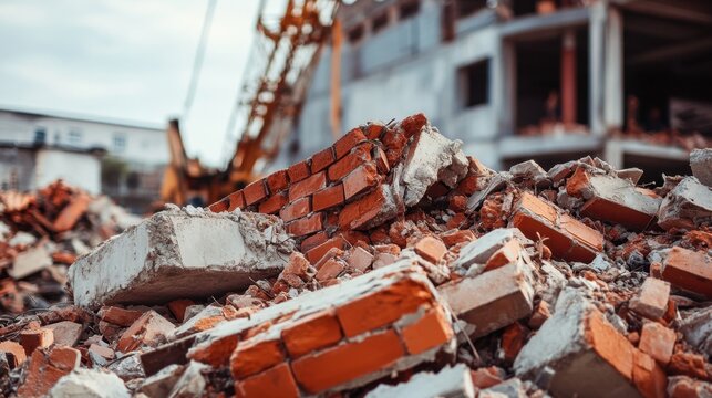 A close-up view of a pile of broken bricks and concrete debris at a construction site. Heavy machinery is visible in the background, indicating ongoing demolition work.