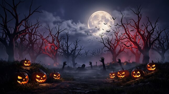 Spooky Halloween pumpkins in a dark misty forest at night illustration