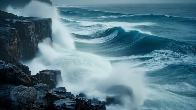 Crashing waves against dark rocky cliffs in moody blue ocean