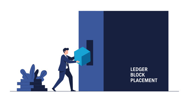 Businessman pushing large blue blockchain cube into ledger slot.