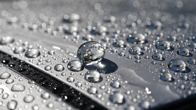 Close-up of water droplets on a metallic surface, rain splashes creating ripples.
