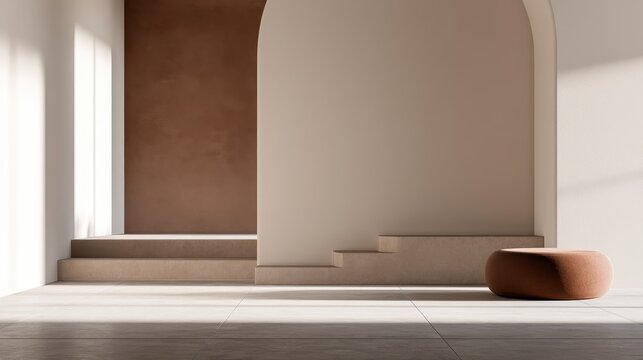 Stunning photo of abstract minimalist interior of a house with brown and beige concrete design on a white background.