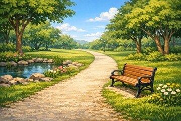 Fototapeta premium A park bench situated beside a serene river with lush greenery and calm waters