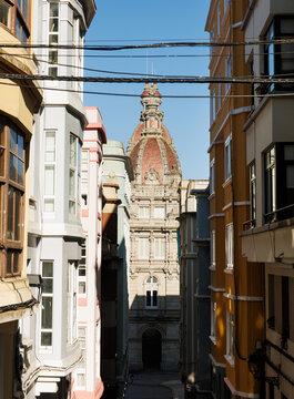 Historic rooftops and dome of the Municipal Palace in La Coruna, Spain