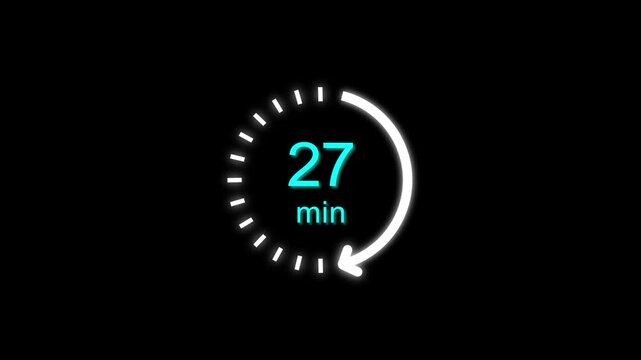 27 Min clock icon animation. Clock with 27 min and circular arrows timer animation on transparent background. and creating a stunning 4k video.