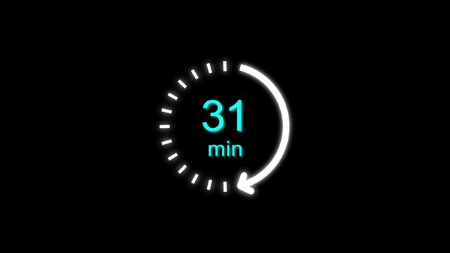 31 Min clock icon animation. Clock with 31 min and circular arrows timer animation on transparent background. and creating a stunning 4k video.