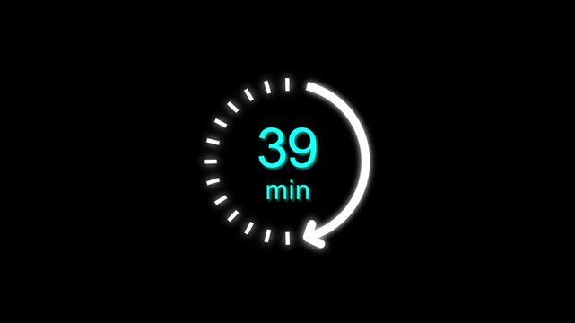 39 Min clock icon animation. Clock with 39 min and circular arrows timer animation on transparent background. and creating a stunning 4k video.