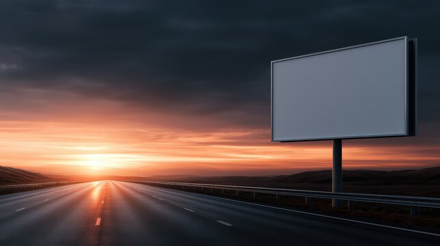 Stunning photo of large blank billboard mockup beside a highway road at sunset, empty outdoor advertising banner template against dramatic orange sky.