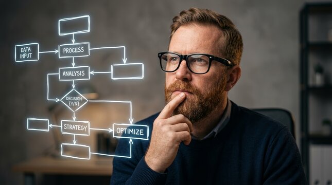 Man with a beard and glasses using structured reasoning and logical thinking to process information.