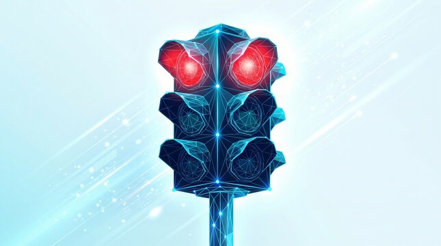 Abstract digital illustration of glowing red traffic light concept with transportation abstract technology futuristic infrastructure illustration direction regulation connectivity