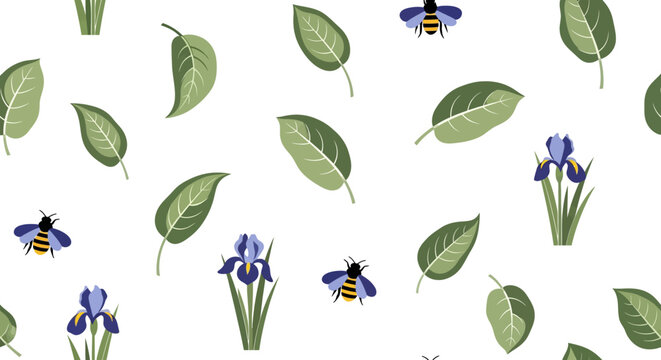 Colorful bees and irises with green leaves pattern.