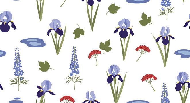 Colorful floral pattern with irises and delphiniums.