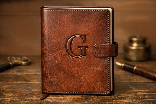 A close-up of a worn brown leather journal with the initial 'G' embossed on the cover