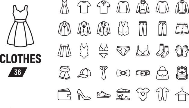 premium Clothes & Fashion Line Icon Set featuring 36 editable vector icons arranged in a clean, structured