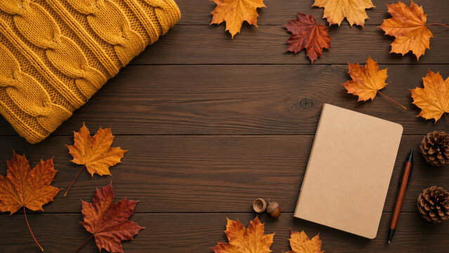 Composizione autunnale con quaderno e foglie su tavolo in legno. Generative AI 