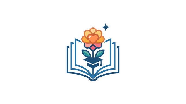 A stylized graphic illustration featuring an open book with a graduation cap and a blooming flower.