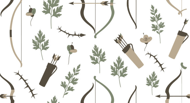 Collection of arrows bows and ferns in vintage style.