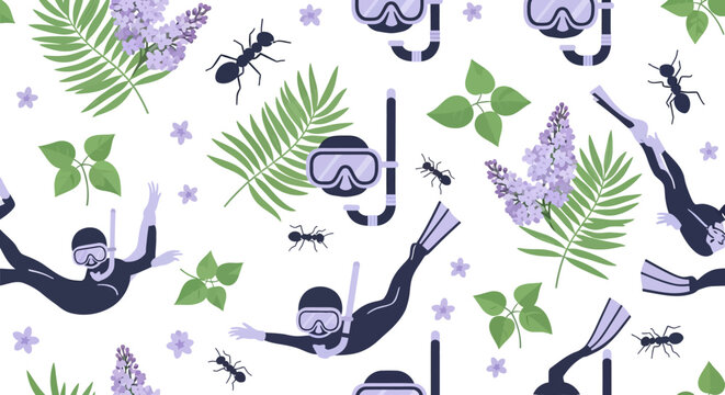 Scuba divers and ants with tropical plants pattern.
