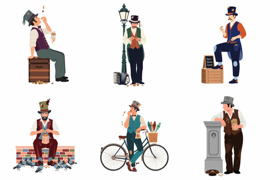 Set of vintage street performers and vagabonds in tattered costumes with various props like a bicycle, accordion, and peanuts.