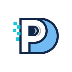 Obraz premium Blue digital letter P with eye logo.